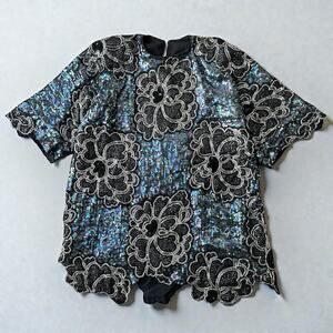 Vintage Beaded Blouse 1980s Asymmetrical Scalloped Hem Size XXL Iridescent Black